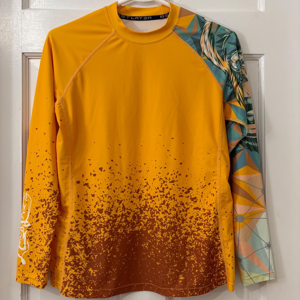 Beast Layer Compression Rash Guard Mens M Orange Graphic Jiu Jitsu Athletic Surf